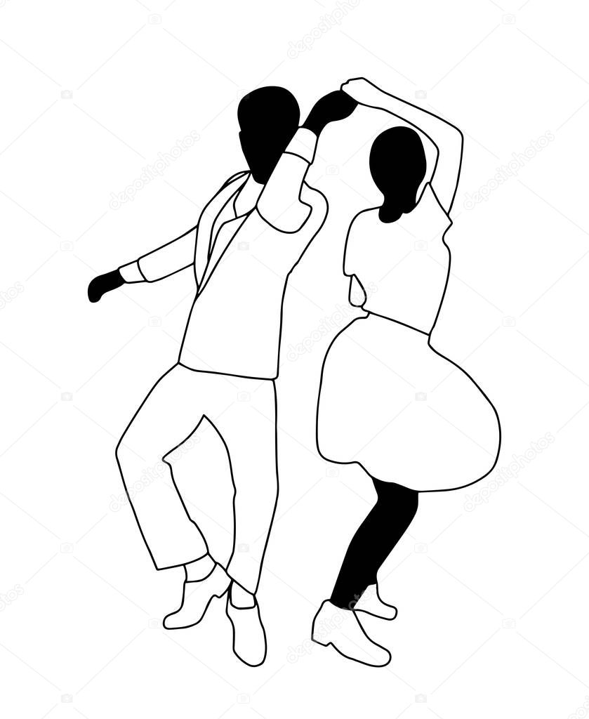 Set swing jazz retro dance. Pait people dancing in vintage style isolated on white background. Outline vector illustration 1940s 1950s. Men and women on swing, jazz,lindy hop or boogie woogie party.