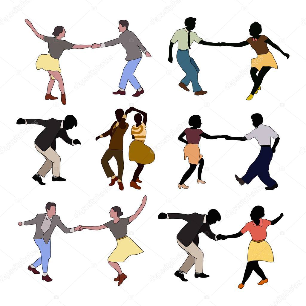 Swing party time. Set of three dancing couples isolated on white in cartoon style. People in 40s or 50s style. Men and women on swing,jazz,lindy hop or boogie woogie party. Vector retro illustration.