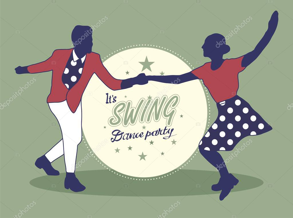 Young couple dancing jazz swing. Horizontal template with text Dance party. Vintage vector style 1930s, 1940s,1950s. Realistic,stylistic characters. Rockabilly, charleston, lindy hop or boogie woogie.