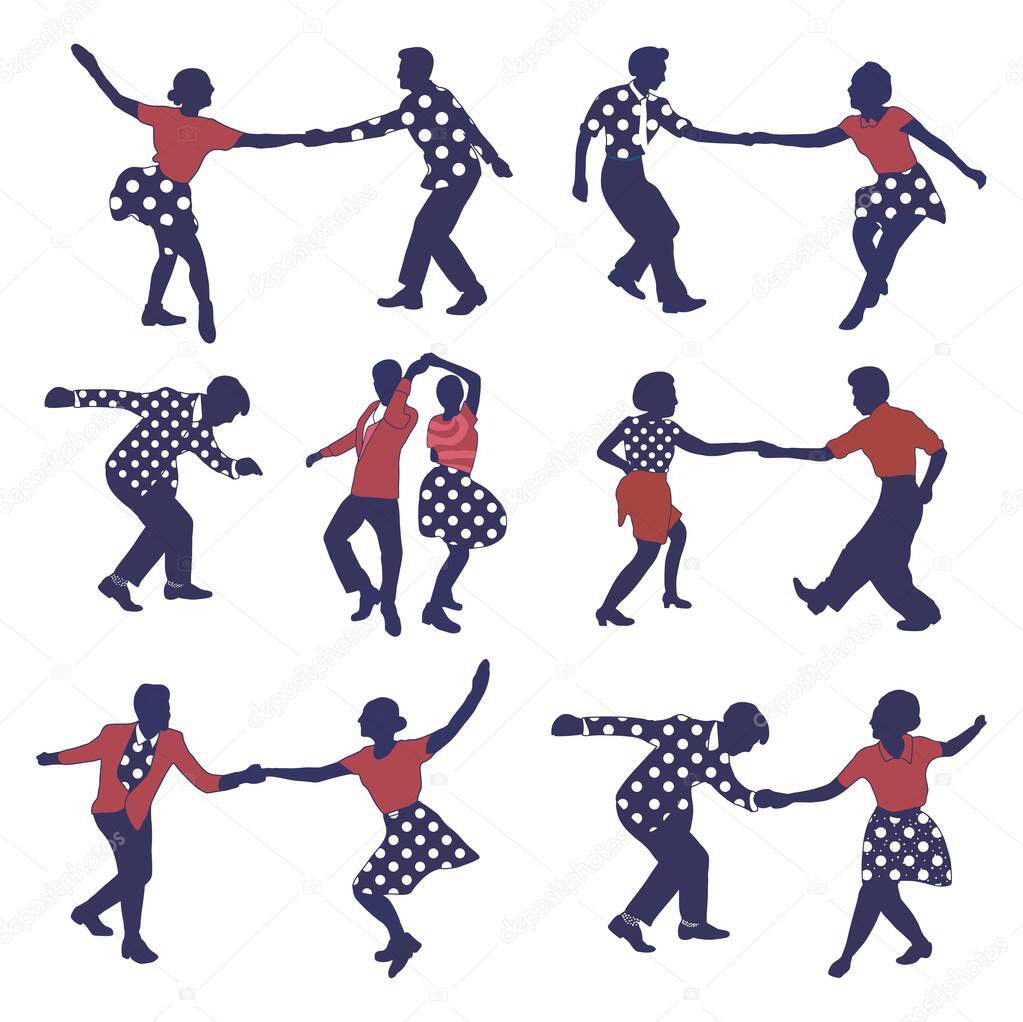 Set silhouette dancing people in a retro swing isolated. People in 40s or 50s style dancing rockabilly,charleston, jazz,lindy hop or boogie woogie. Vector human illustration in black and white colors.