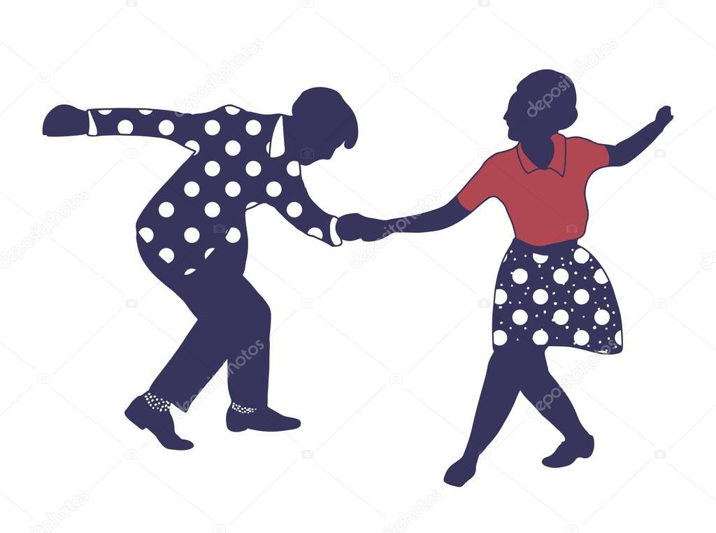 Young couple dancing jazz swing isolated on white background.Clothes print polka dots.Vintage vector style 1950s,1960s. Realistic, stylistic characters. Rockabilly,charleston, lindy hop,boogie woogie.