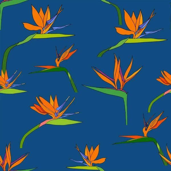 Seamless tropic pattern with exotic flowers paradise Strelitzia dark blue palm leaves. Vector tropical stock illustration.African plant flower.Design textile, wallpaper, wrapping paper, fabric, print.