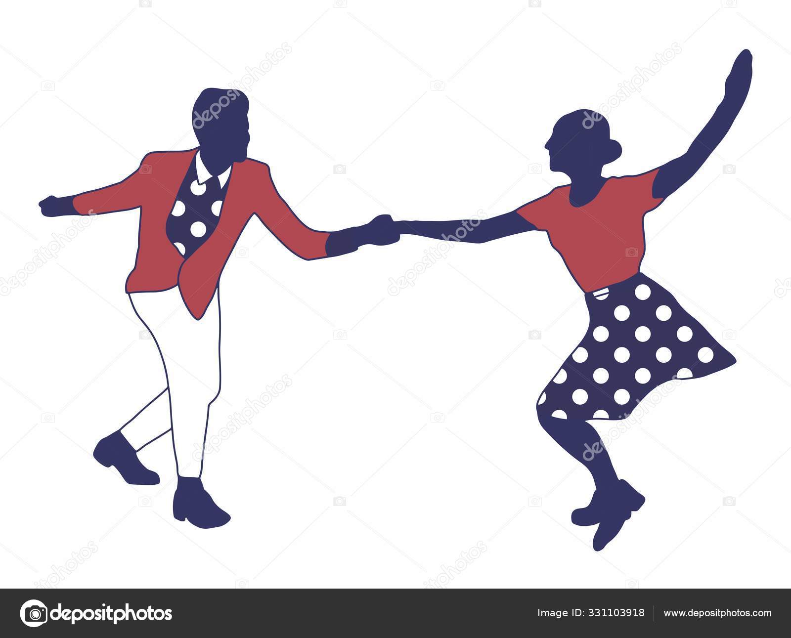 Couple dancing jazz swing isolated on white background. Clothes in pop art print polka dots. Vintage style 1950s. People in pop art clothes. Rockabilly, charleston, lindy hop or boogie woogie. Stock