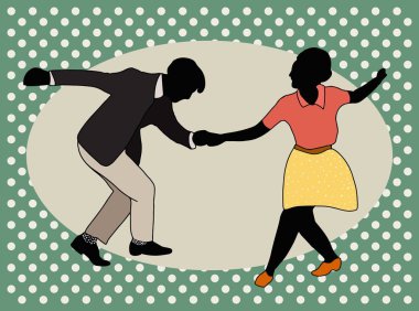 Dans eden genç çift caz salıncağı. Metin Dans partisiyle yatay şablon. Klasik vektör stili 1930 'lar, 1940' lar, 1950 'ler. Gerçekçi, stilistik karakterler. Rockabilly, charleston, lindy hop veya boogie woogie.