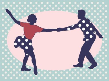 Polka noktalarında izole edilmiş dans eden caz salıncağı çifti. Yatay şablon kopyalama alanı. Vintage vektör stili 1950.Gerçekçi, stilistik karakterler. Rockabilly, charleston, lindy hop veya boogie woogie.