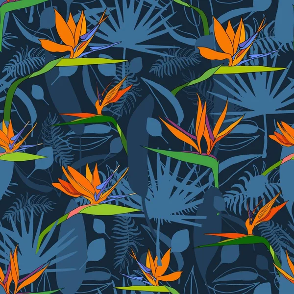 エキゾチックな花の楽園とシームレスなパターンStrelitziaと熱帯は古典的な青の背景を残します。ベクトル熱帯株のイラスト。アフリカの植物の花。テキスタイル、壁紙、包装紙のデザイン — ストックベクタ