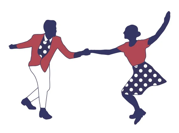 Couple dancing jazz swing isolated on white background. Clothes in pop art print polka dots. Vintage vector style 1950s. People in pop art clothes. Rockabilly, charleston, lindy hop or boogie woogie. — Stock Vector