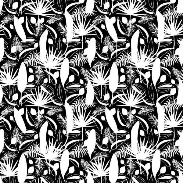 Naadloos exotisch patroon met tropisch plantenblad geïsoleerd op zwarte achtergrond. Vector jungle illustratie. Hawaïaans monochroom boeket. Design behang, inpakpapier, stof, interieur, print t-shirt. — Stockvector