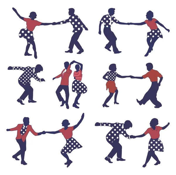 Set retro colored dancing people in a retro swing isolated. People in 40s or 50s style dancing rockabilly,charleston,jazz,lindy hop or boogie woogie.Vector stock human vintage illustration.Retro jazz. — Stock Vector