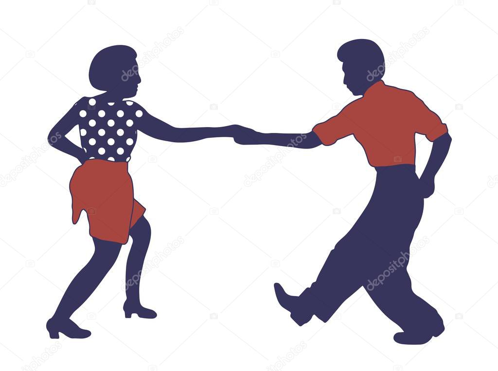 Couple dancing jazz swing isolated on white background. Clothes in pop art print polka dots. Vintage vector style 1950s. People in pop art clothes. Rockabilly, charleston, lindy hop or boogie woogie.