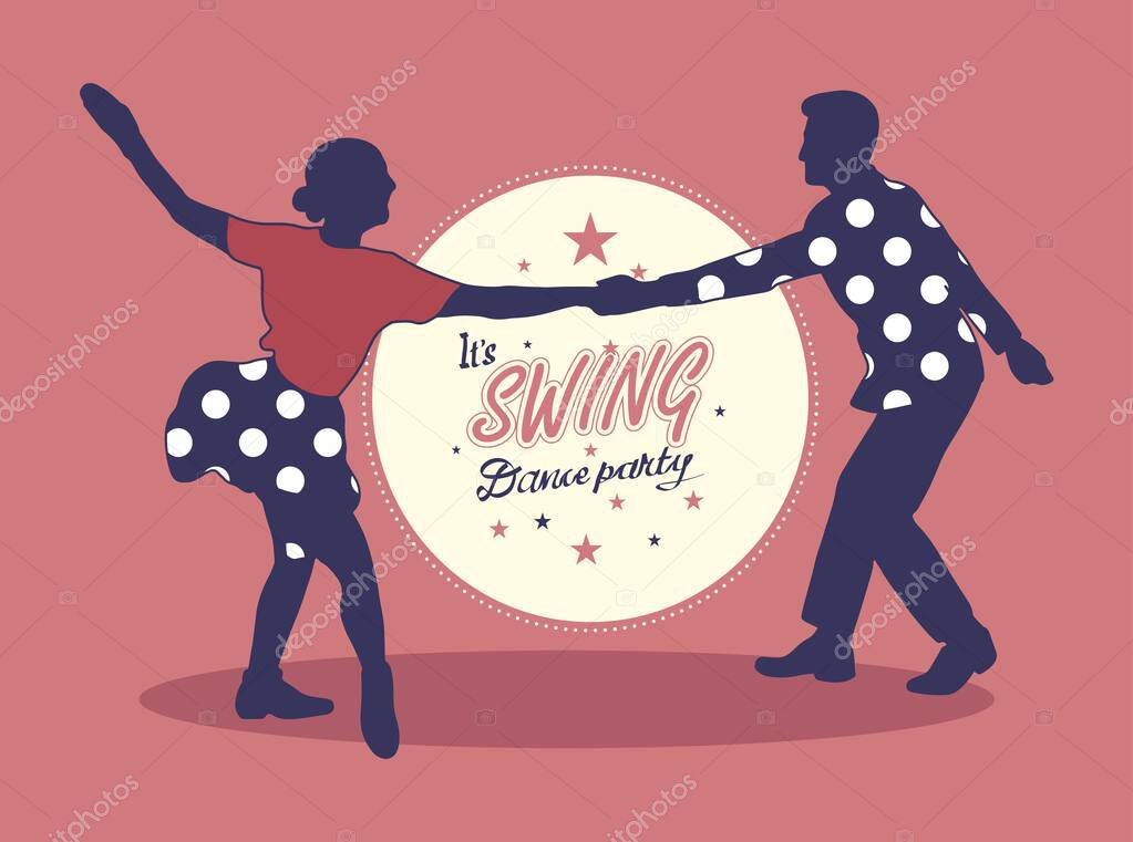 Young couple dancing jazz swing. Horizontal template with text Dance party. Vintage vector style 1930s, 1940s,1950s. Realistic, stylistic characters. Rockabilly, charleston. Elegant silhouette humans.