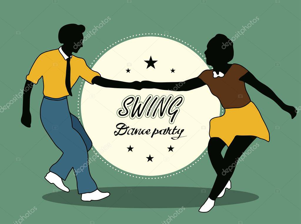 Young couple dancing jazz swing. Horizontal template with text Dance party. Vintage vector style 1930s, 1940s,1950s. Realistic, stylistic characters. Rockabilly, charleston. Elegant silhouette humans.