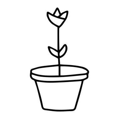 Beyaz arka planda izole edilmiş tencerede şirin bir Tulip. Karalama vektörü çizimi çizimi. Çiçek.