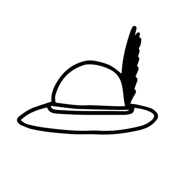 Chapeau vintage avec plume isolée sur fond blanc. Elément dessiné à la main pour la conception — Image vectorielle