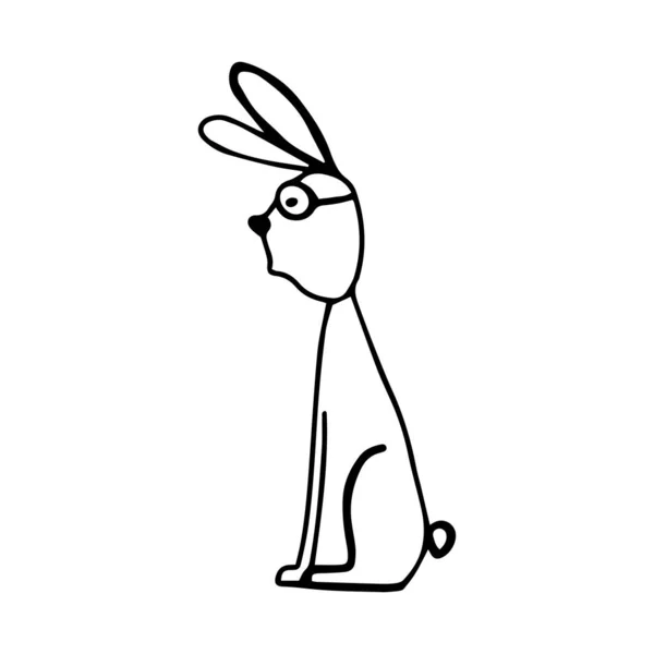 Coelho da Páscoa. Bunny isolado. Lebre alta bonito com óculos fica de lado. Esboço do doodle vetorial — Vetor de Stock