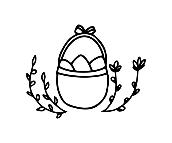 Huevos de Pascua en una canasta con un lazo cerca de ramas de sauce. Esquema vectorial garabato ilustración . — Vector de stock