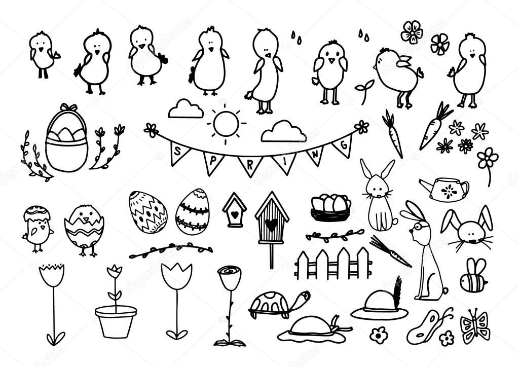 Big spring set Happy Easter. Vector hand drawn illustrations. Outline doodle elements isolated