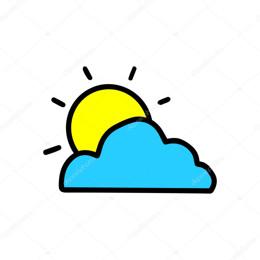Yellow bright sun sets behind a blue cloud. Vector doodle outline illustration isolated