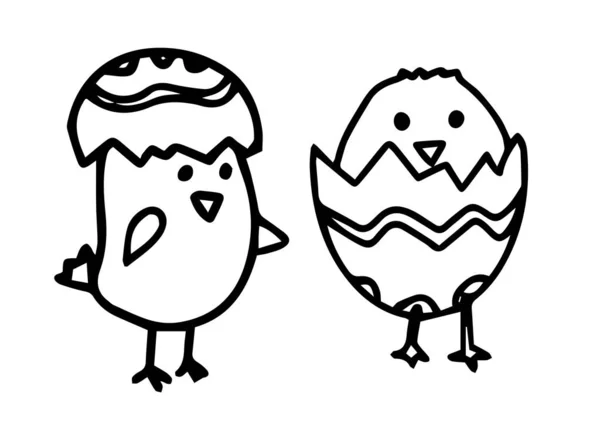 Поставить милых цыплят в яичную скорлупу. Векторный контур рисунка на белом фоне . — стоковый вектор