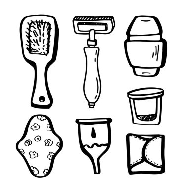 Eko kız için ayarlandı. Karalama tarzı ekoloji aksesuarları beyaz arka planda izole edildi. Sıfır atık..