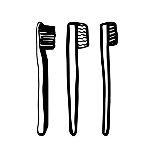 一套竹制牙刷,呈涂鸦状,独立于白色背景. 零废物概念。 B.病媒 — 图库矢量图片