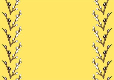 Sarı yatay paskalya arka planında izole edilmiş söğüt yaprakları kopyası alan.