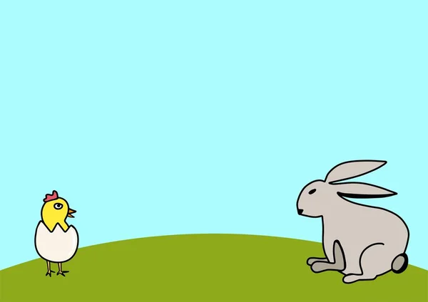 Pintainho e coelho no prado verde em um céu azul, dia ensolarado. Crianças fundo horizontal. Espaço de cópia —  Vetores de Stock