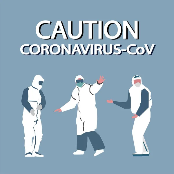 Троє лікарів в захисних костюмах і масках з коронавірусу Cov в Китаї. Мана — стоковий вектор