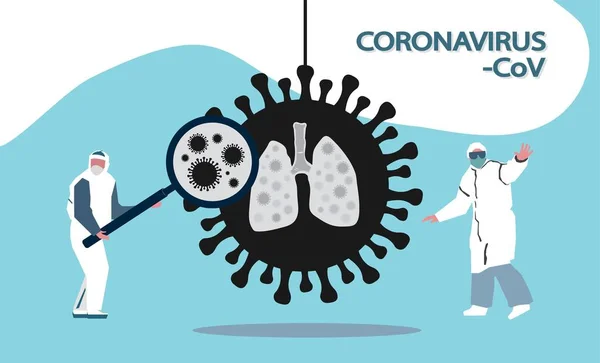 Doktor v ochranném obleku a masce ukazuje koronavirus Cov v plicích. Virus v Číně. Léky. Flat — Stockový vektor