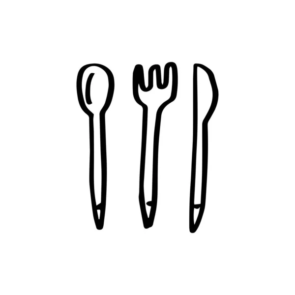 Coltello forchetta cucchiaio in metallo in stile doodle isolato su sfondo bianco. Schema vettoriale — Vettoriale Stock