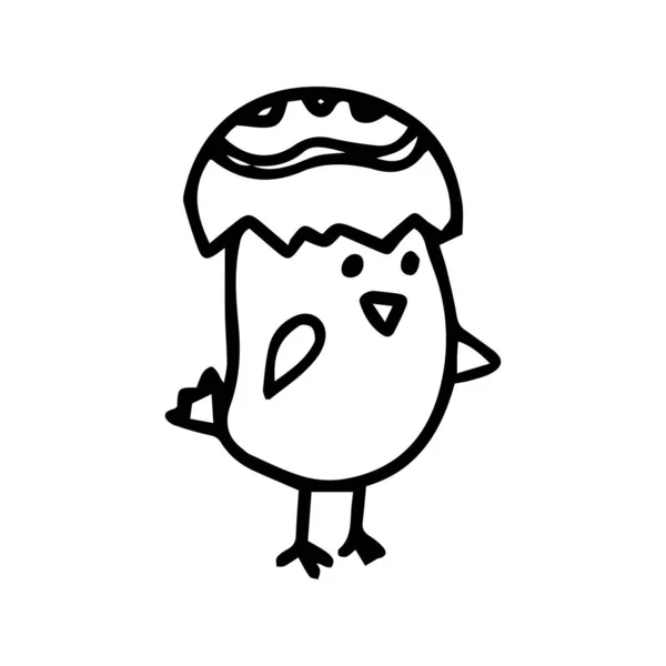 A galinha escondeu-se numa casca de ovo. Ilustração do doodle vetorial isolada sobre fundo branco . — Vetor de Stock