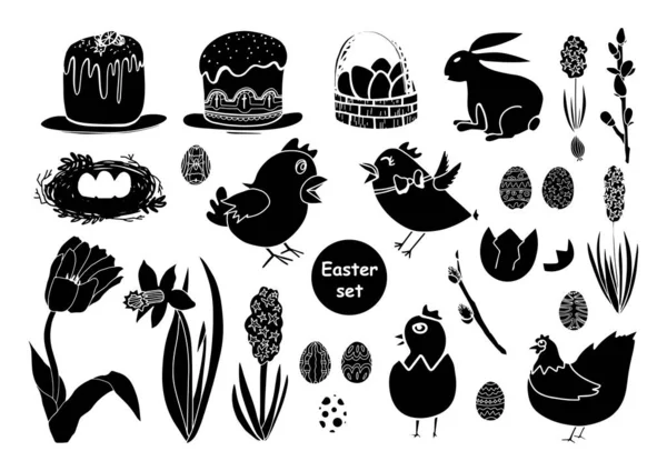 Set de Pascua colección silueta negro elementos lindos aislados sobre fondo blanco . — Vector de stock