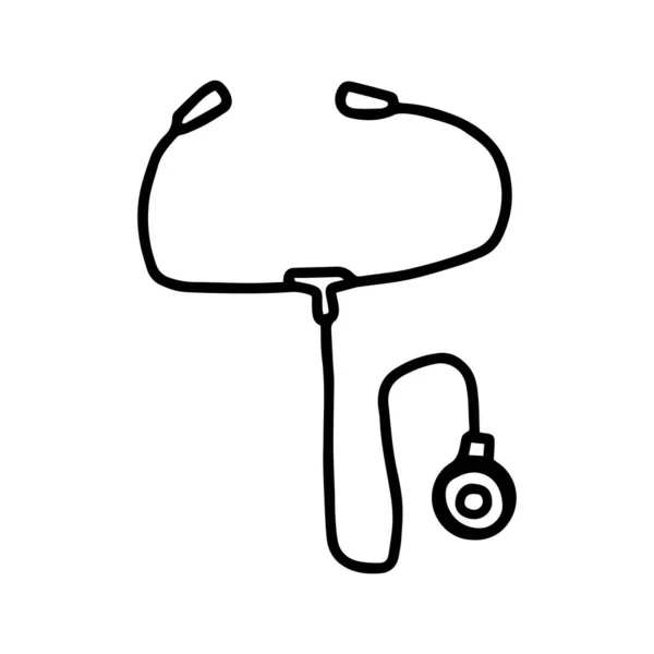 Stethoscope στο χέρι doodle στυλ απομονώνονται σε λευκό φόντο. Εικονογράφηση περιγράμματος διανύσματος. Ιατρικός εξοπλισμός. — Διανυσματικό Αρχείο