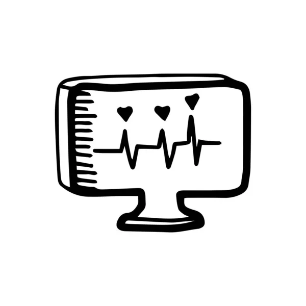 Revise los latidos cardíacos con ECG.Monitor de frecuencia cardíaca en estilo garabato dibujado a mano aislado sobre fondo blanco.Electrónica médica. Esquema vectorial — Vector de stock