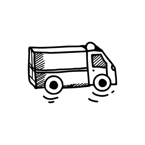 Ambulance ou camion en style doodle dessiné à la main isolé sur fond blanc. Illustration vectorielle des contours. Célibataire. Élément signe . — Image vectorielle
