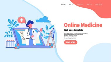 Çevrimiçi tıp konsepti. İniş sayfası şablonu. Düz vektör çizimi. Uygulama giriş kartı, yatay afiş. Web tasarımı. Hasta.