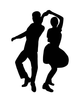 Eski moda swing caz partisinde bir çift. Siluet izole edildi. 40 'lı ya da 50' li yaşlardaki insanlar rock, charleston, jazzlindy hop ya da boogie woogie dansı yapıyorlar. Siyah beyaz renkte vektör insan illüstrasyonu.