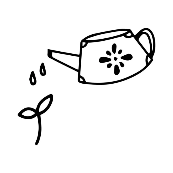 Zwarte lijn gieter met water doodle pictogram geïsoleerd op witte achtergrond. Een spruitje water geven. — Stockvector