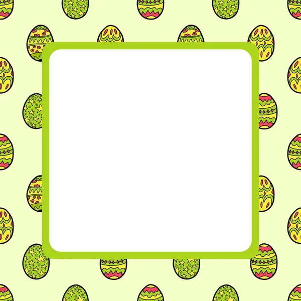 Marco cuadrado de Pascua con impresión de huevos. Fondo de vacaciones verdes. Ilustración del contorno del doodle vectorial . — Vector de stock