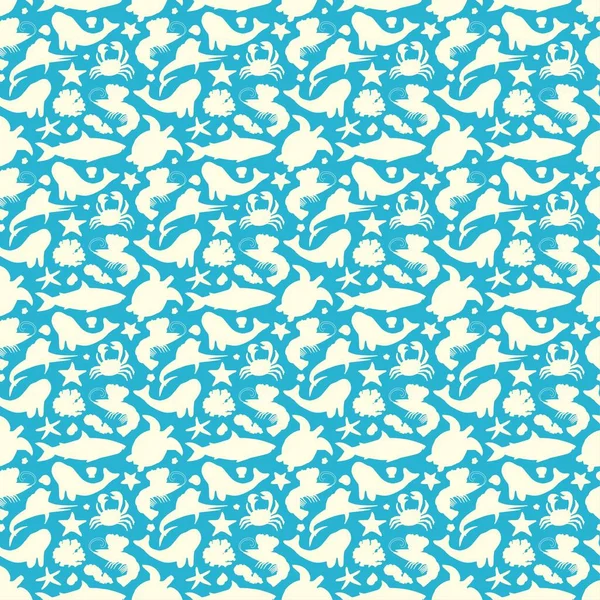 Płynny wzór ze zwierzętami oceanicznymi i wodorostami morskimi w kreskówce izolowane na niebieskim tle.Prosta sylwetka.Ilustracja wektora. — Wektor stockowy