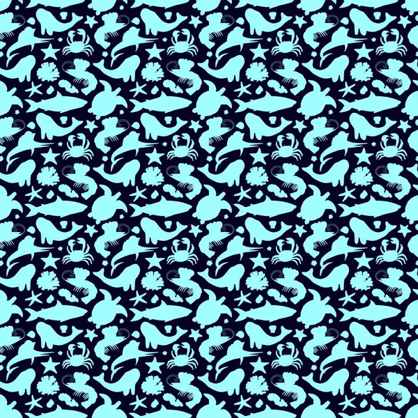 Płynny wzór ze zwierzętami oceanicznymi i wodorostami morskimi w kreskówce izolowane na niebieskim tle.Prosta sylwetka.Ilustracja wektora. — Wektor stockowy