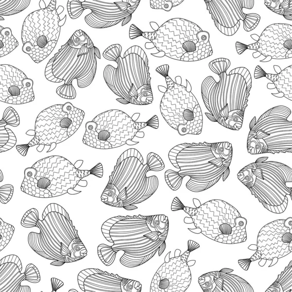Nahtloses Muster mit dekorativen Fischen im Doodle-Stil isoliert auf weißem Hintergrund. Vektorkorallenrifffische skizzieren Illustration — Stockvektor