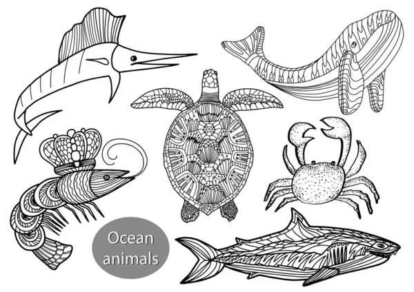 Conjunto com animais oceânicos em estilo doodle isolado em fundo branco. Marlin peixe, tartaruga, camarão, tubarão, baleia, caranguejo . — Vetor de Stock