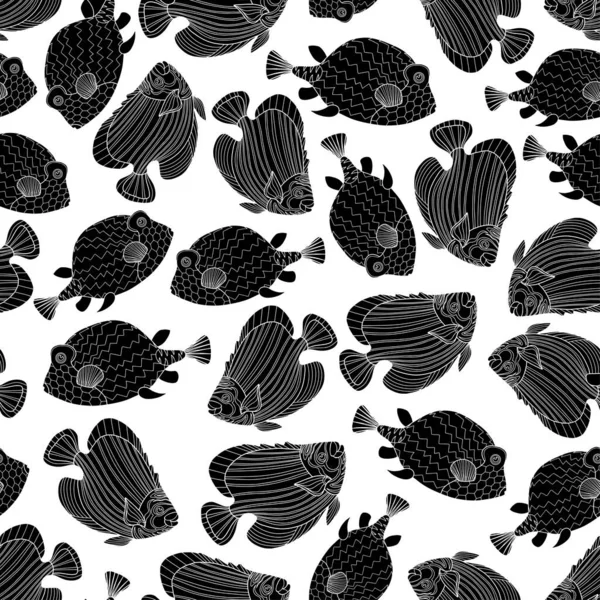 Płynny wzór z czarnymi rybami w stylu doodle izolowane na białym tle. Ilustracja zarysu wektorowej rafy koralowej. — Wektor stockowy