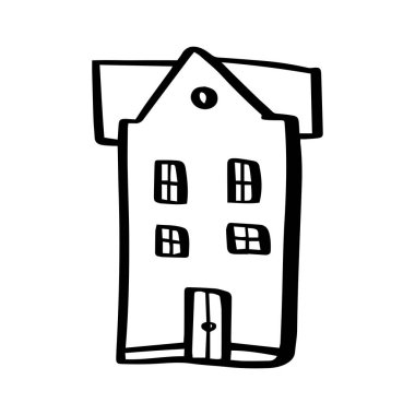 Beyaz arka planda izole edilmiş güzel bir ev çizilmiş. Vektör ana hatlı hisse tasviri mimarisi.