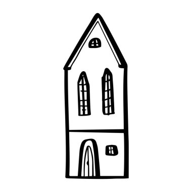 Beyaz arka planda izole edilmiş güzel bir ev çizilmiş. Vektör ana hatlı hisse tasviri mimarisi.