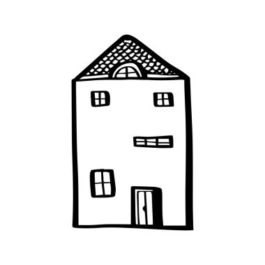 Beyaz arka planda izole edilmiş güzel bir ev çizilmiş. Vektör ana hatlı hisse tasviri mimarisi.