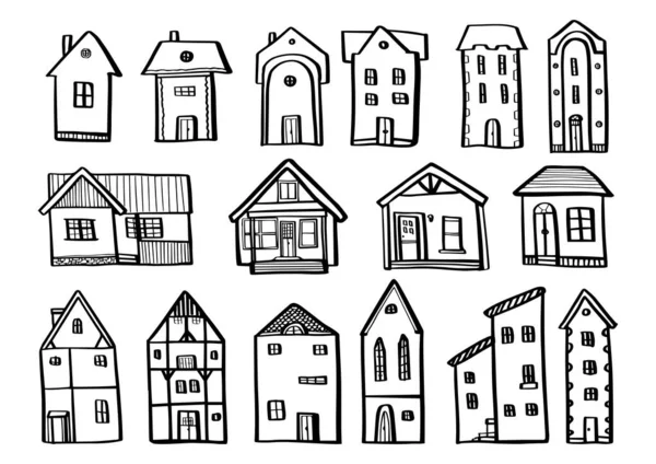 Zestaw domów w ręcznie rysowane doodle stylu izolowane na białym tle. Wektor zarys architektury zasobów ilustracji. — Wektor stockowy