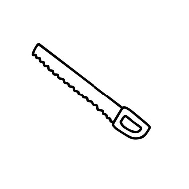 El testeresi. Eldeki büyük uzun metal dosya beyaz arkaplanda izole edilmiş karalama biçimi. Vektör ana hatlı hisse tasviri. Araç bahçe elementini imzala. Ağaç budama kitabı. Bahçecilik.