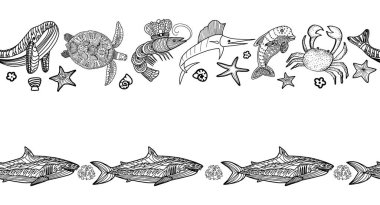Beyaz arkaplanda karalama tarzında okyanus hayvanlarıyla yatay, pürüzsüz desenli şerit sınırı. Vektör hatları çizimi. Menü restoranı, tekstil, baskı, duvar kağıdı. Boyama sayfası. Suyun altında..